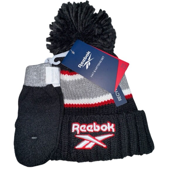 Reebok Toddler 2T - 4T Black Knit Cuffed Beanie & Mittens New 3T Kids Gloves - Picture 1 of 4